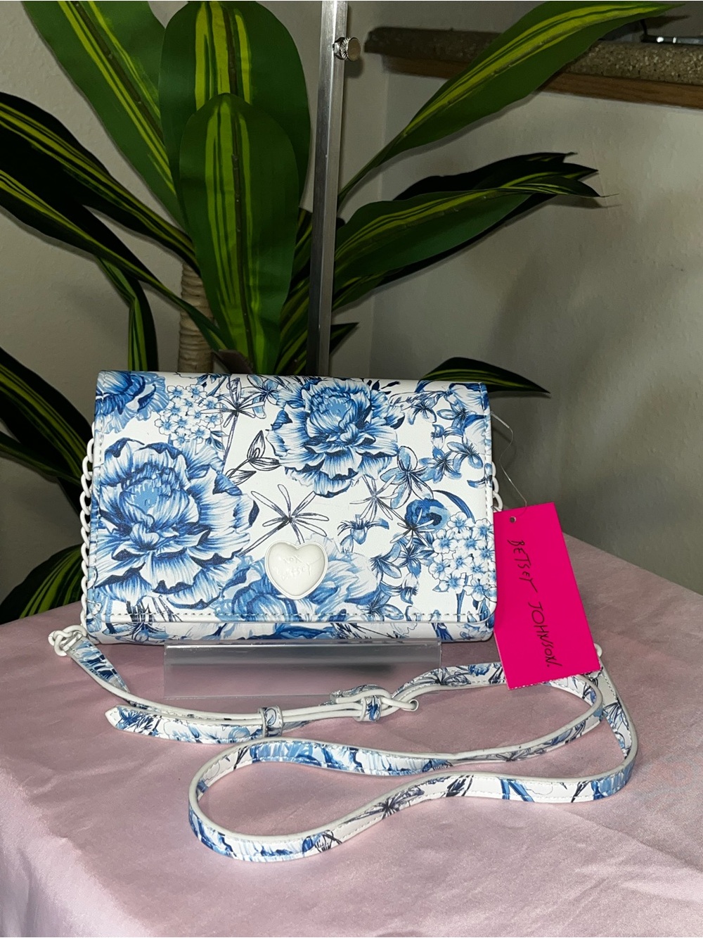 Betsey Johnson White and Blue Floral Heart Crossbody Bag